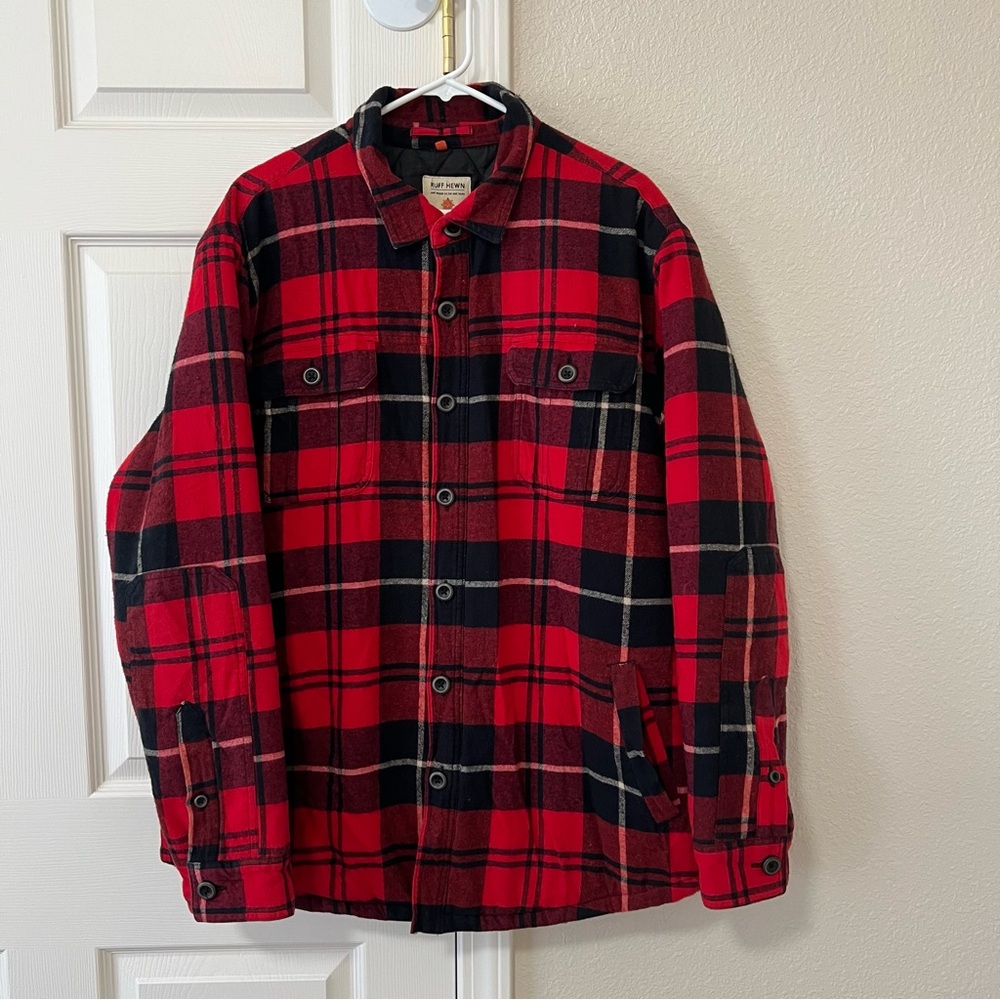 Ruff Hewn Red & Black Plaid Quilted Lined Heavyweight Shirt Jacket Size XL